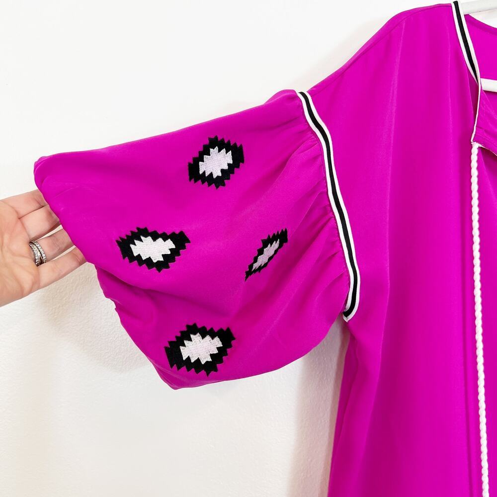 TCEC Fuchsia Pink Balloon Sleeve Dress With Front Tie Tassels Women's Large - Picture 3 of 10